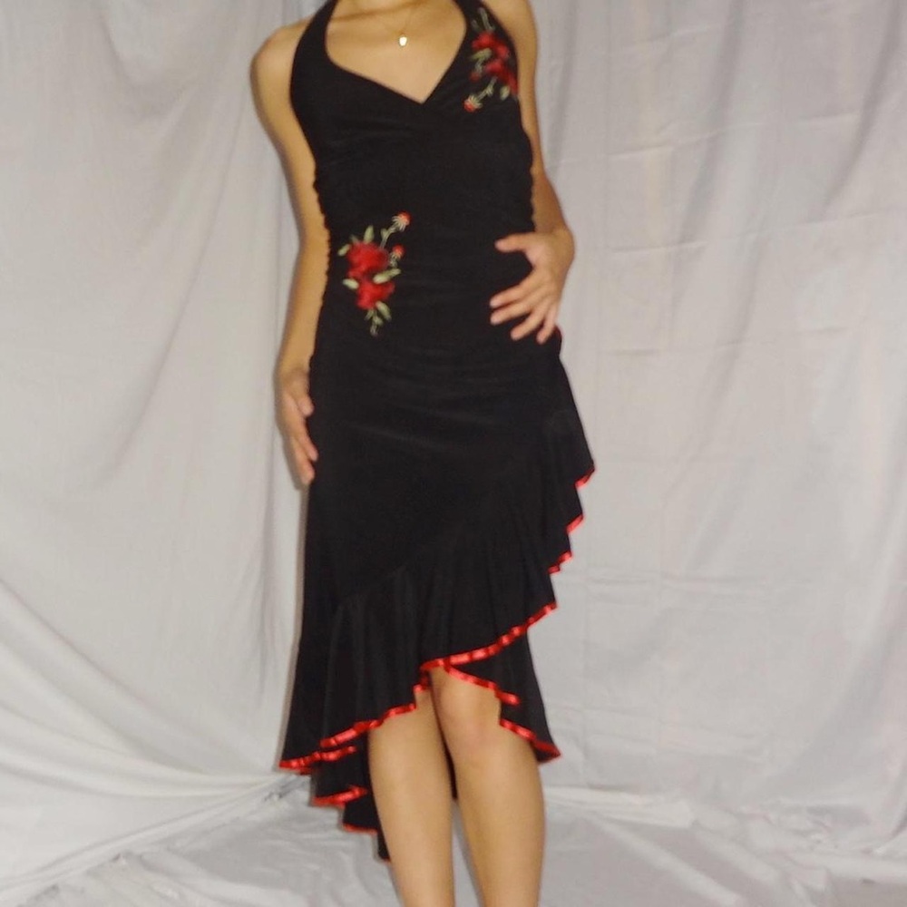 black halter neck dress with red rose flower embroidered details with ruffles